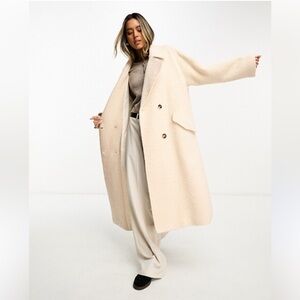 ASOS Oversized Cream Double Breasted Boucle Wool Blend Teddy Trench Peacoat